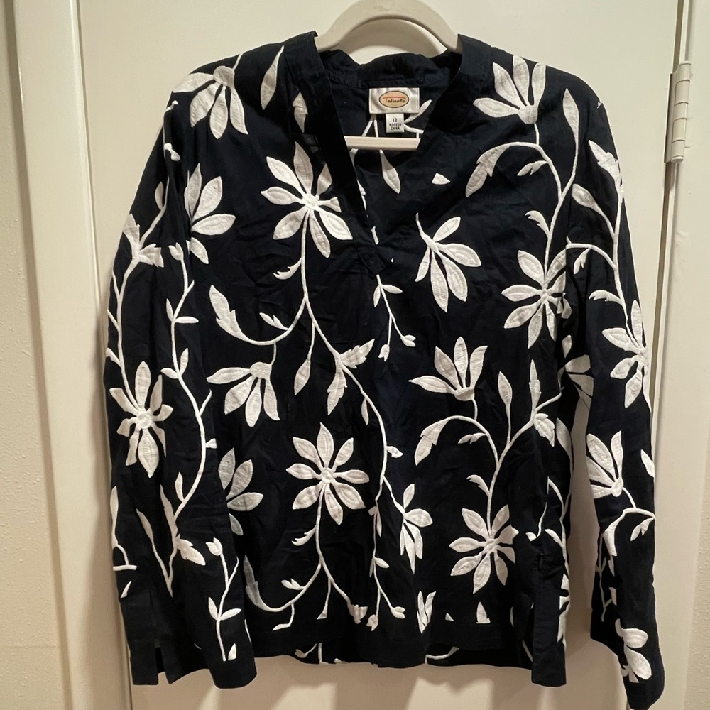 Talbots Navy Floral Embroidered Long Sleeve Top